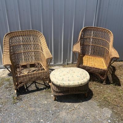 808 Vintage Wicker Rocker and Chair with Upholstered Footstool