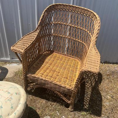808 Vintage Wicker Rocker and Chair with Upholstered Footstool
