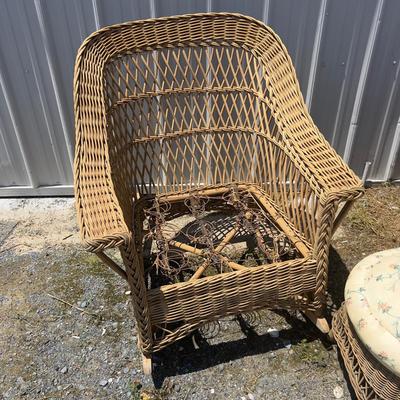 808 Vintage Wicker Rocker and Chair with Upholstered Footstool