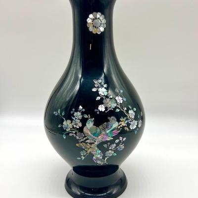 Pair Of  Black Lacquered Mother of Pearl Vase