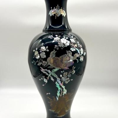 Pair Of  Black Lacquered Mother of Pearl Vase