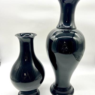 Pair Of  Black Lacquered Mother of Pearl Vase