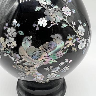 Pair Of  Black Lacquered Mother of Pearl Vase