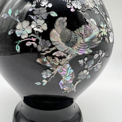 Pair Of  Black Lacquered Mother of Pearl Vase