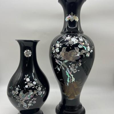 Pair Of  Black Lacquered Mother of Pearl Vase