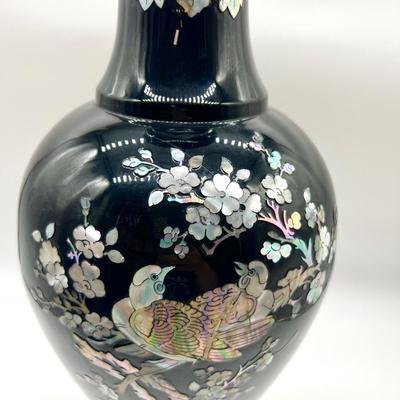 Pair Of  Black Lacquered Mother of Pearl Vase