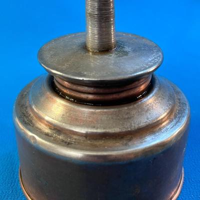 ANTIQUE METAL OIL CAN COPPER UNDER GREY METAL FINISH