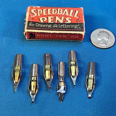 VINTAGE SPEEDBALL PENS BOX w/ 6 NIBS ALL DIFFERENT SIZES