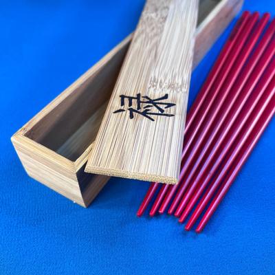 SET OF 4 RED CHOPSTICKS IN BAMBOO BOX â€œWELLS FARGOâ€ 