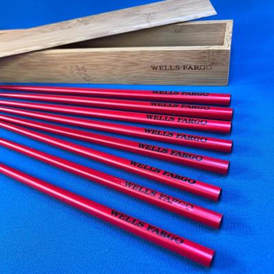 SET OF 4 RED CHOPSTICKS IN BAMBOO BOX â€œWELLS FARGOâ€ 