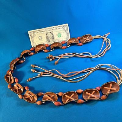 COOL LEATHER, LEATHER-LIKE, WOODEN BEADS 70â€™s HIPPIE BELT 