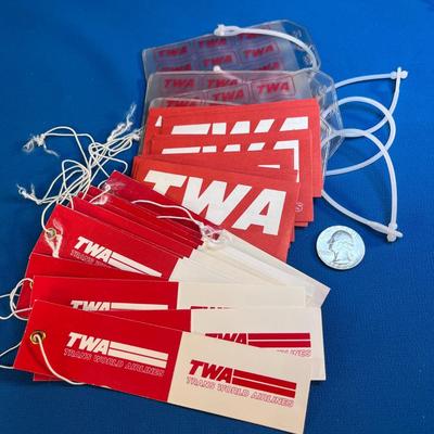 32 COUNT ASSORTED TWA AIRLINE BAGGAGE TAGS, COVERS