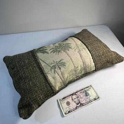 PALM TREE MOTIF SMALL THROW PILLOW WITH TWEED-LIKE SURROUND, BACK