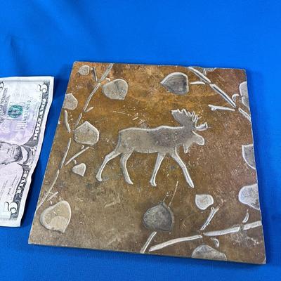SLATE-LIKE TILE WITH MOOSE AND LEAVES INCISED