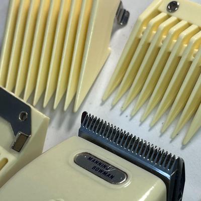 MANNING BOWMAN HAIR CLIPPERS BARBER SET w/ SCISSORS, COMB, 4 ATTACHMENTS