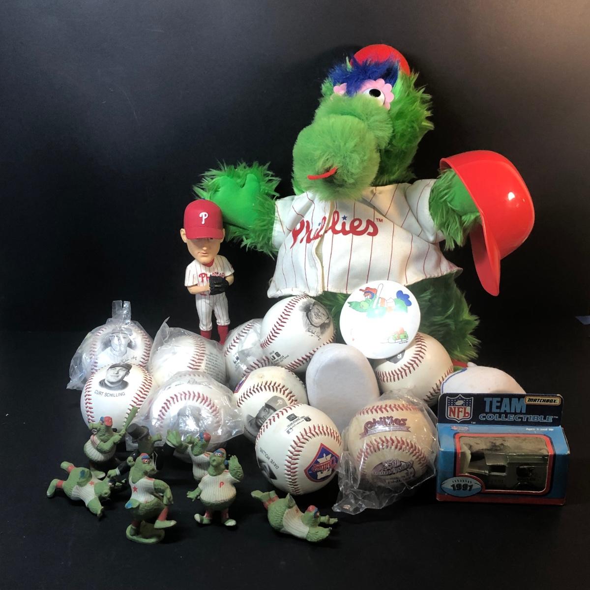 LOT 102M Phillies Phanatic Plush, Phillies Player Baseballs, Vintage