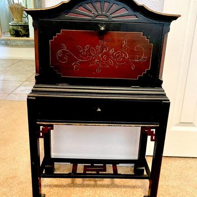 LOT 5  VINTAGE PAINTED TELEPHONE CABINET ONE DRAWER STAND ASIAN INFLUENCED DESIGN