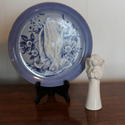 Blue and White Praying Hands Collectible Plate and Angel