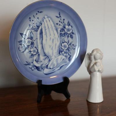 Blue and White Praying Hands Collectible Plate and Angel