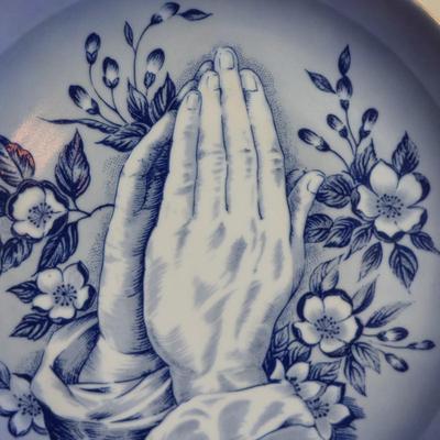 Blue and White Praying Hands Collectible Plate and Angel