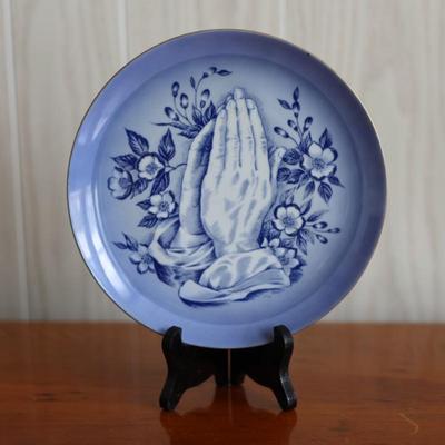 Blue and White Praying Hands Collectible Plate and Angel