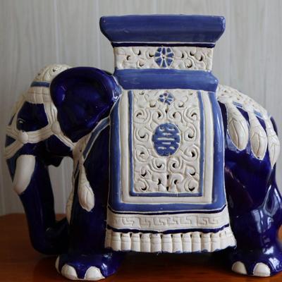 Ceramic Blue and Cream Elephant Plant Stand/Side Table