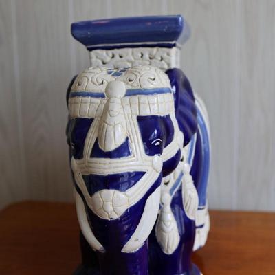 Ceramic Blue and Cream Elephant Plant Stand/Side Table