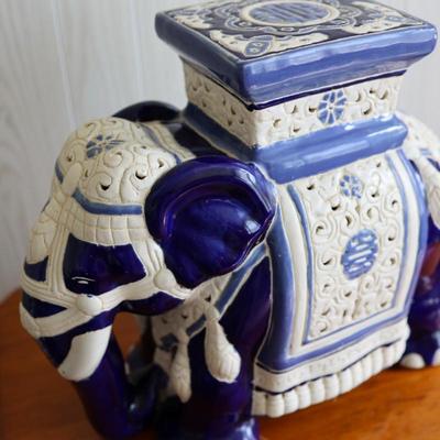 Ceramic Blue and Cream Elephant Plant Stand/Side Table