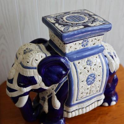 Ceramic Blue and Cream Elephant Plant Stand/Side Table