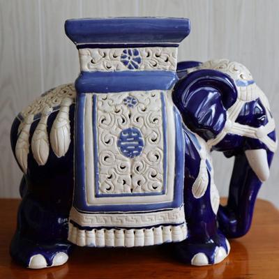 Ceramic Blue and Cream Elephant Plant Stand/Side Table