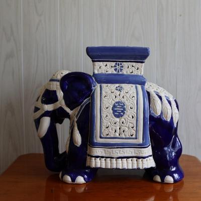Ceramic Blue and Cream Elephant Plant Stand/Side Table
