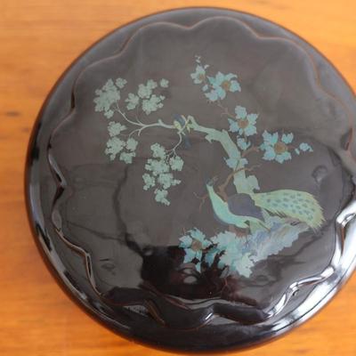 Small Black Bowl with Peacock and Floral Design Lid