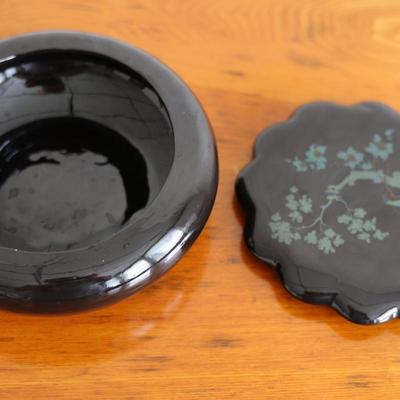 Small Black Bowl with Peacock and Floral Design Lid