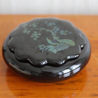 Small Black Bowl with Peacock and Floral Design Lid