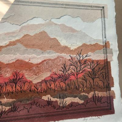 M P Marion  Mid Century Landscape Mixed Media Collage "Woodline" 26x21