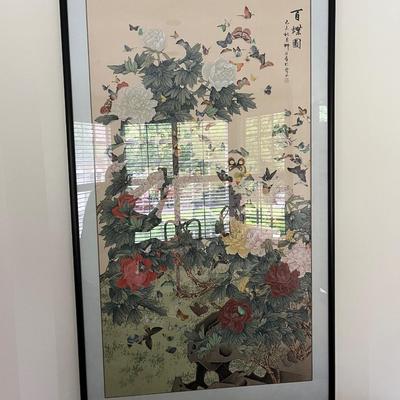 LARGE CHINESE PAINTING ON SILK, PEONIES AND BUTTERFLIES