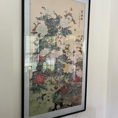 LARGE CHINESE PAINTING ON SILK, PEONIES AND BUTTERFLIES