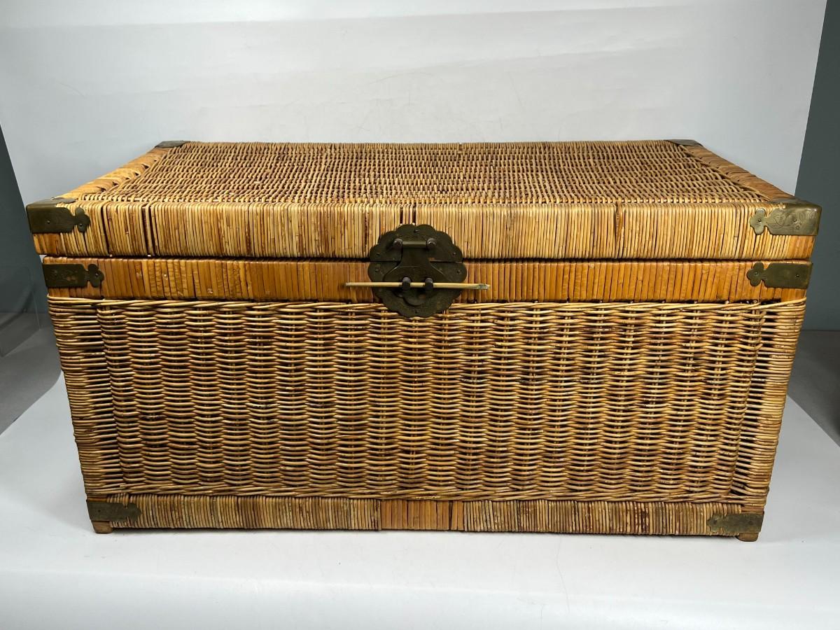 Large Vintage Retro Rattan Wicker Storage Chest with Brass Metal