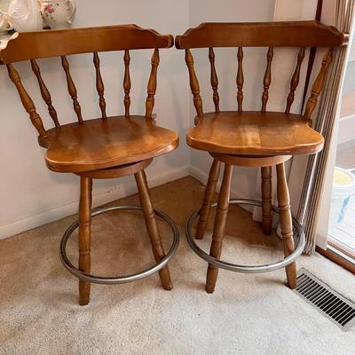 2 Vintage Wood Swivel Bar Stools