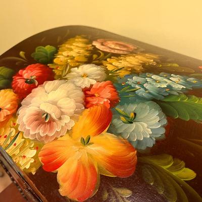 Vintage Wooden Chest With Hand Painted Floral Design Metal Hardware