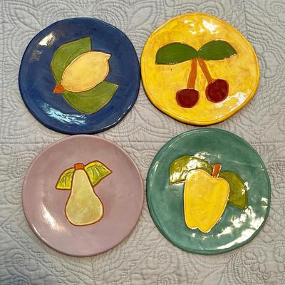 LOT 10  HANDMADE POTTERY FRUIT PLATES R.WOOD STUDIO REBECCA WOOD GEORGIA SET of 4