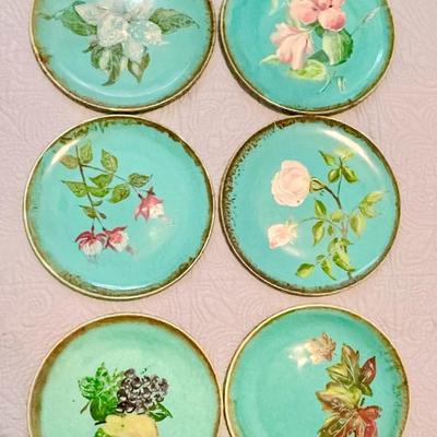 LOT 11  VINTAGE CALIFORNIA KILNS PLATED HAND PAINTED BOTANICALS FLORALS SET OF 6