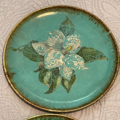 LOT 11  VINTAGE CALIFORNIA KILNS PLATED HAND PAINTED BOTANICALS FLORALS SET OF 6