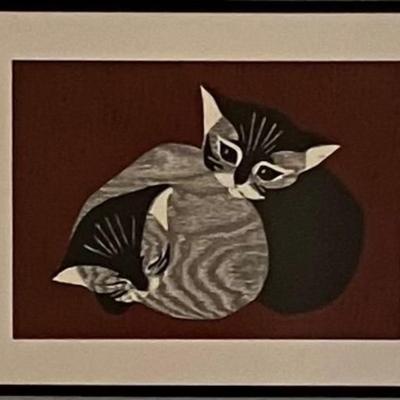 Asian Wood Block Print Of Cats