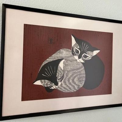 Asian Wood Block Print Of Cats