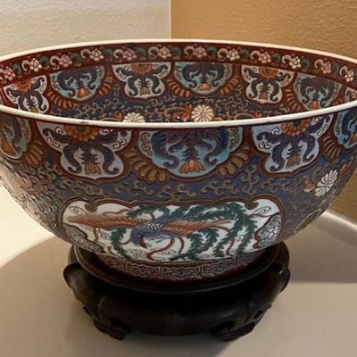 Large Asian Bowl With Wooden Stand