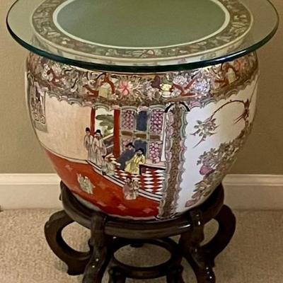 Large Asian Vase With Glass Top And Wooden Stand (End Table)