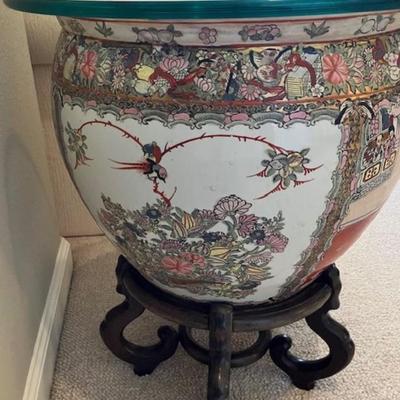 Large Asian Vase With Glass Top And Wooden Stand (End Table)