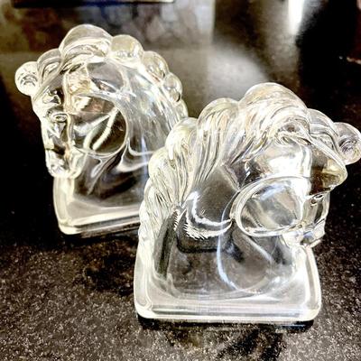 LOT 22  VINTAGE ART DECO CLEAR GLASS HORSEHEAD BOOKENDS