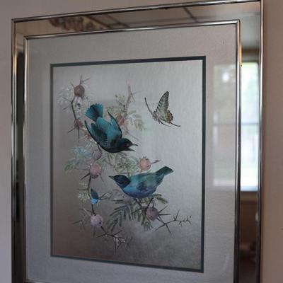 RENNA Large 1970s Birds on Flowering Branch Foil Art